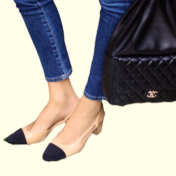 Chanel Cap Toe Tan and Black Slingback Heels Sz 37 US 7 Women - Picture 1 of 16